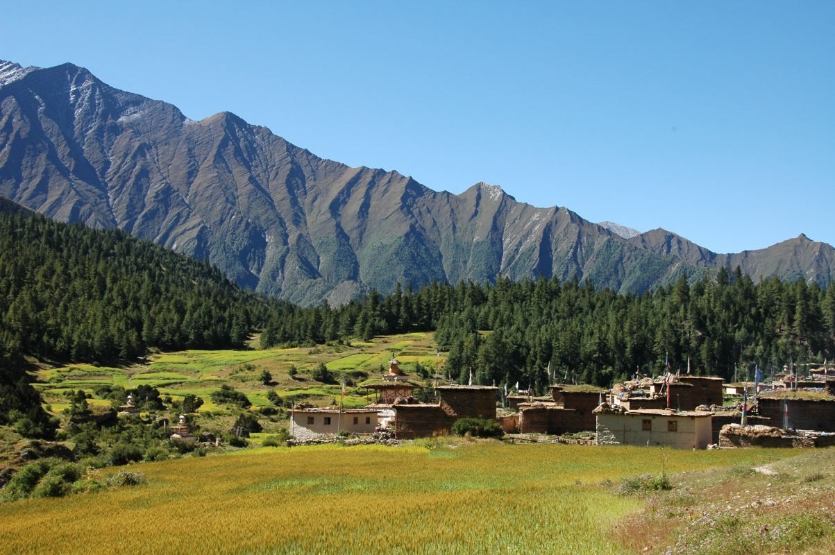 Scenic view of Ringmo/Phoksundo Lake with surrounding landscape